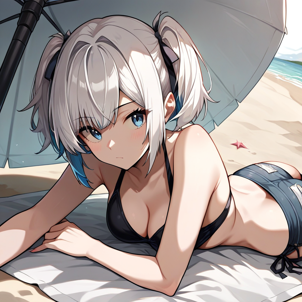 masterpiece, best_quality, <lora:1la:0.8> 1la, white hair, blue eyes, bikini, on beach, score_9, score_7_up, source_anime, ntm,