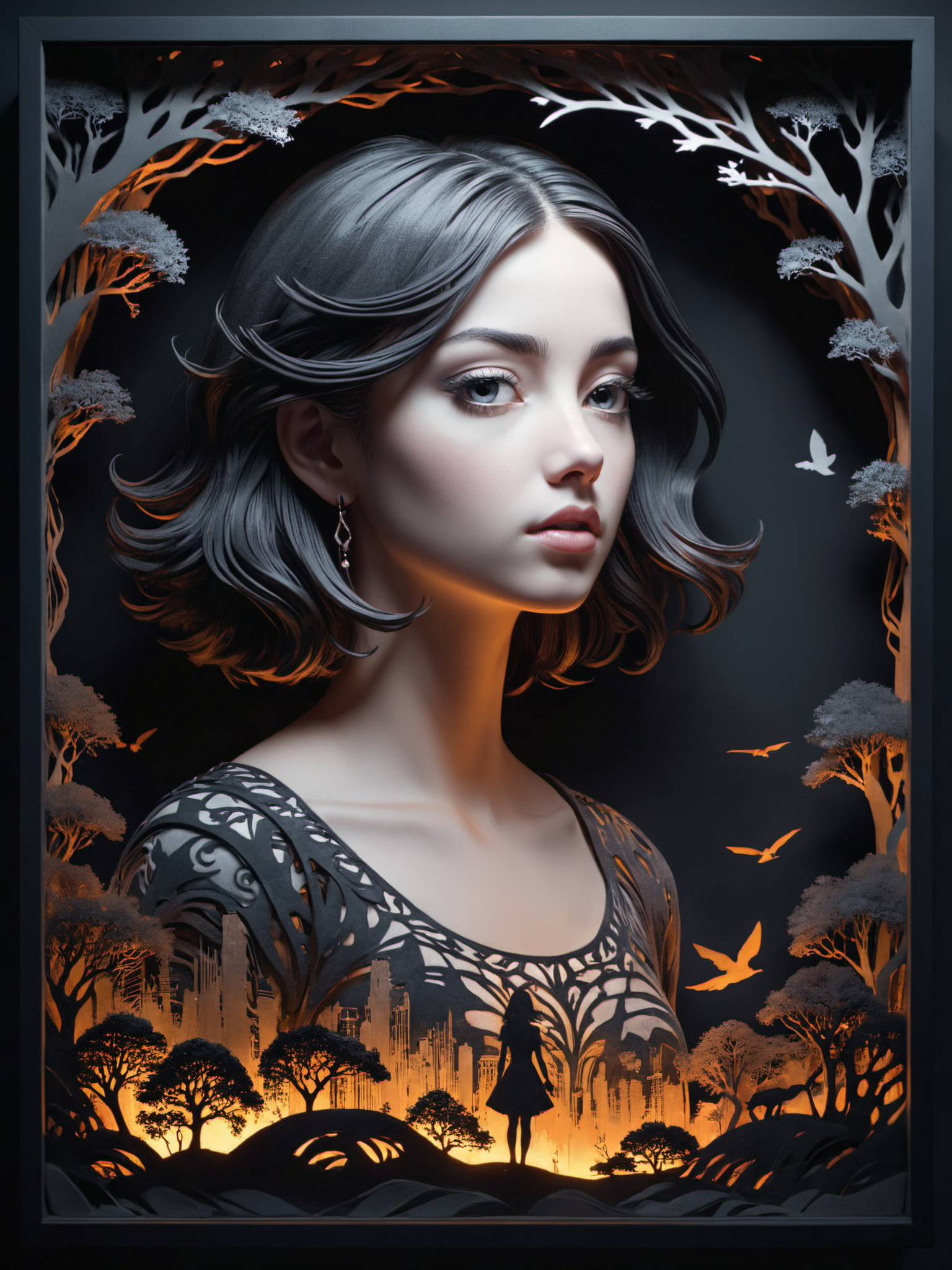 3D papercut shadow box of create an award-winning photograph of a young woman exploring an original and unconventional theme that captivates and amazes the viewer. Push boundaries of traditional concepts,infusing the image with creativity and wonder,leaving a lasting impression on those who behold it.,absurdres,intricately detailed,32K,, glow effects, godrays, Hand drawn, render, 8k, octane render, cinema 4d, blender, dark, atmospheric 4k ultra detailed, cinematic, Sharp focus, big depth of field, Masterpiece, colors, 3d octane render, 4k, concept art, trending on artstation, hyperrealistic, Vivid colors, extremely detailed CG unity 8k wallpaper, trending on CGSociety, Intricate, High Detail, dramatic . Layered, dimensional, depth, silhouette, shadow, papercut, handmade, high contrast