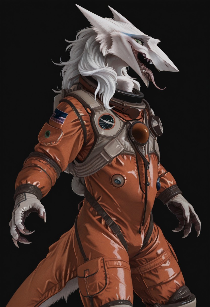 ((76_Screenshot)), Cannon_design, Sergal, a painting of a sergal with long hair wearing a space suit, sensitive, solo, long hair, looking at viewer, open mouth, animal ears, green eyes, teeth, tongue, tongue out, fangs, sharp teeth, black background, claws, furry, furry female, sharp fingernails, body fur, white fur, snout, astronaut suit, spacesuit