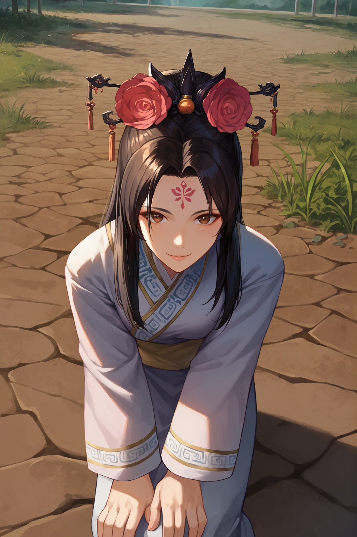 score_9, score_8_up, score_7_up, BREAK A woman sitting cross-legged on the floor, leaning forward slightly, smile, her hands resting on her knees.,<lora:Yu_Meiren_Dynasty_Warriors:0.8> 1girl, solo, black hair, long hair, hair ornament, hair flower, brown eyes, forehead mark, chinese clothes, long sleeves, outdoors, looking at viewer