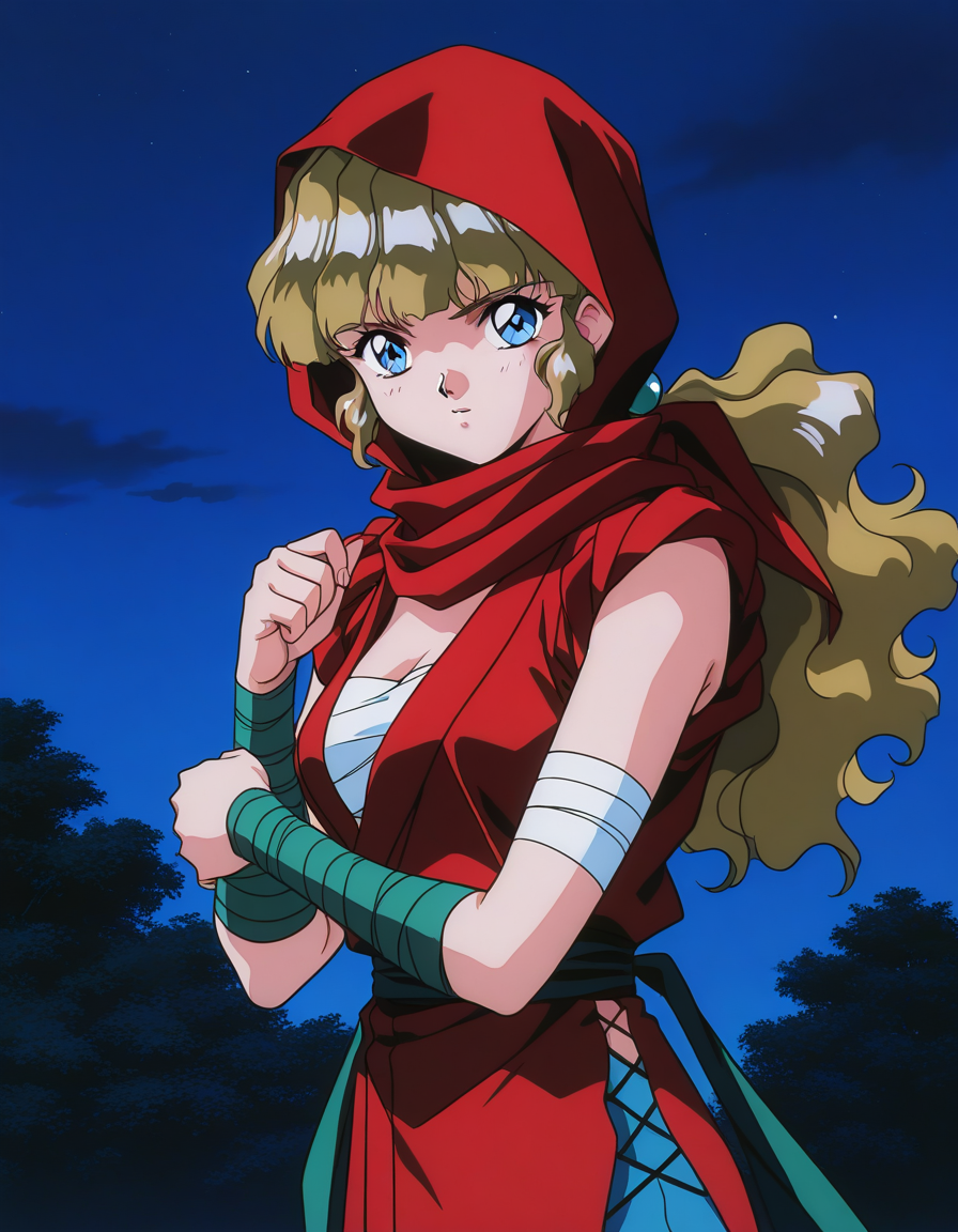 general,highres, ultra-detailed,very aesthetic,best quality ,best hands,  BREAK <lora:Kai_Fubuki_IS:1>Kai_Fubuki, 1girl,solo,long hair, blonde hair, blue eyes, wavy hair, ponytail, bangs, medium breasts, 1990s (style), anime coloring, 
ninja, sky, night, upper body,  red mask, outdoors, looking at viewer, hood, bandages,