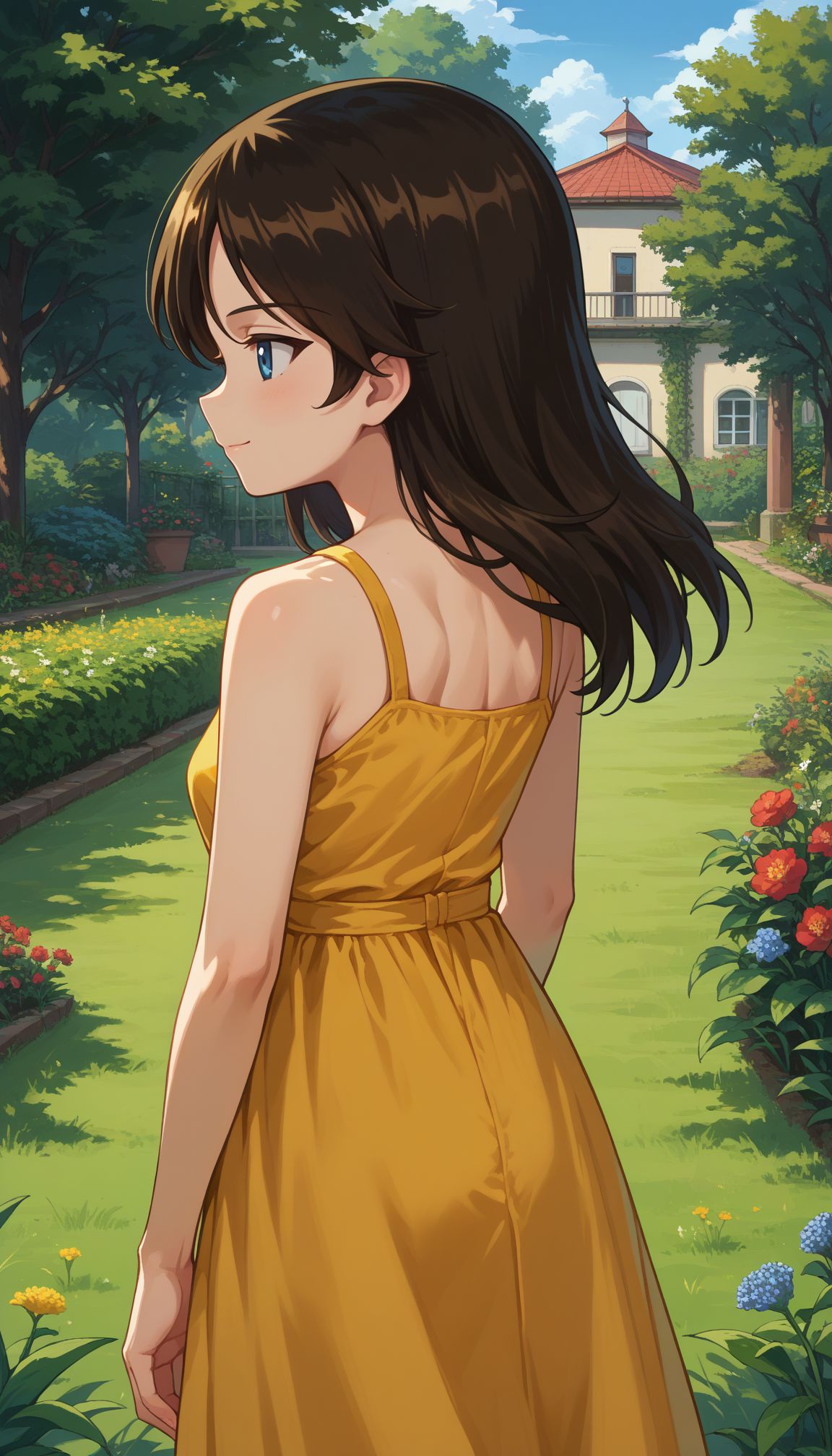 score_9, score_8_up, score_7_up, source_anime, ,
 <lora:GUPNonna:0.7> gupnonna, nonna (girls und panzer), long hair, blue eyes, swept bangs, black hair, from behind, yellow sundress, garden, day, sunshine, smile, looking back, grass field