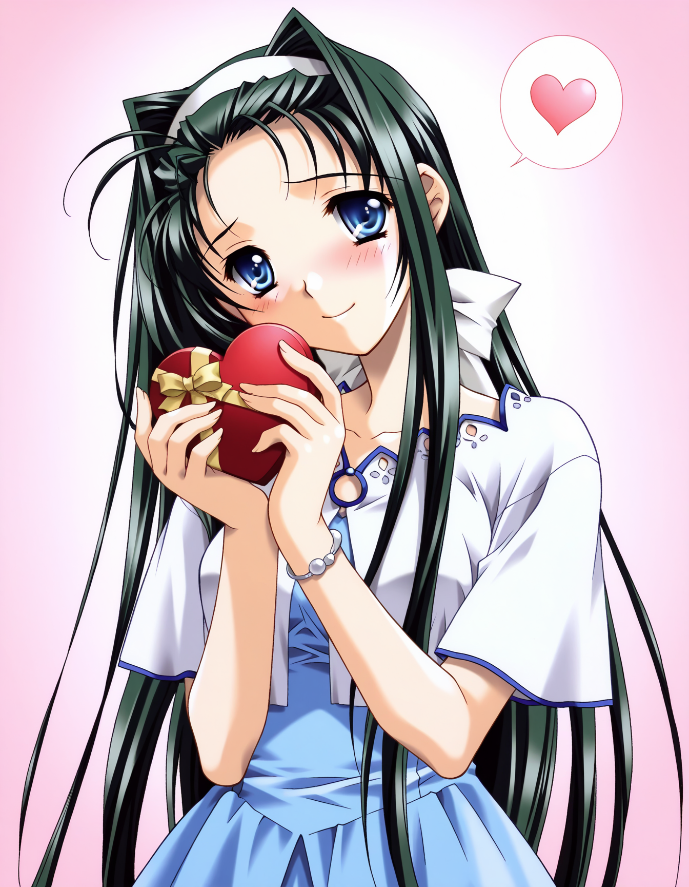 masterpiece, best quality, amazing quality, very aesthetic, absurdres, official art, ultra detailed, intricate,
1girl, solo, hikami_arisa(rasenkairou2), long hair, hairband, hair ribbon, green hair, blue eyes BREAK
blue dress, short sleeves, bracelet, 
lovestruck, shy smile, embarrassed, blush, head tilt, fidgeting, looking at viewer, spoken heart, 
standing, holding heart gift, gradient background, pink background, front view, upper body, highly detailed, best hands <lora:hikami arisa v1.11-000012:1>
