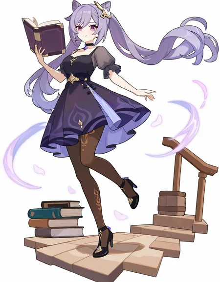 1girl, keqing \(genshin impact\),
worldflipper, solo, looking at viewer, simple background, holding book, standing on one leg, blush, twintails, cone hair bun, shoes, black footwear, white background, long hair, black choker, hair bun, holding, purple eyes, short sleeves, choker, full body, purple hair, very long hair, black dress, smile, breasts, high heels, pantyhose, dress, puffy short sleeves, book, medium breasts, closed mouth, standing, puffy sleeves, long sleeves, brown pantyhose,
masterpiece, best quality, very aesthetic, newest, absurdres, incredibly absurdres
<lora:worldflipper-000016:1>