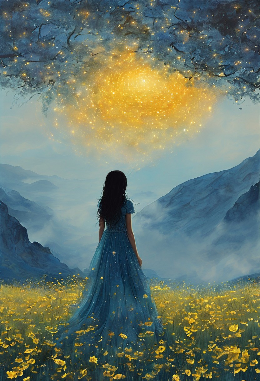 high detailed, ultra-detailed, surrealism, 1girl, dress, solo, flower, scenery, outdoors, blue dress, long hair, sky, from behind, tree, cloud, field, black hair, standing, nature, yellow flower, short sleeves, glowing, facing away, light particles, mountain <lora:XSfenlie:1>