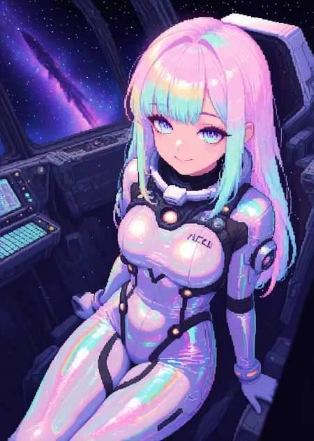 dutch angle, depth of field, female focus, 1girl, science-fiction, from front, from above, sci-fi, sitting in space module, detailed eyes, milky way galaxy, detailed interior, white space rocket, smile, sexy space suit, swirl neon hair, long hair, very detailed, close up, 
 pastel pixel art, soft neon glow, dreamy aesthetic, iridescent highlights, vaporwave fantasy, ethereal colors, retro pixel style, gentle pixel shading, luminous reflections
,<lora:Pastel_Pixel_Art_r1:1>,
vibrant, light particles, light rays, dust particles, directional light, detailed background, ambient occlusion, (scenery:1.2, volumetric lighting) distant bright light source ,masterpiece,best quality,amazing quality,