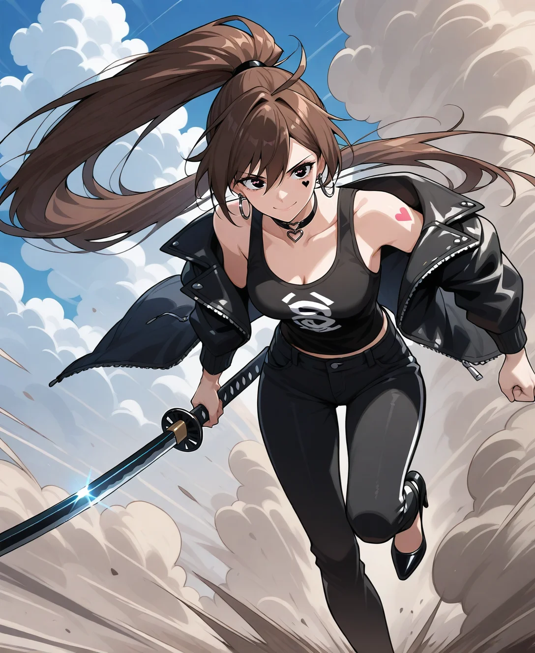 eps, 1girl, solo, long_hair, smile, shirt, brown_hair, holding, hair_between_eyes, closed_mouth, jewelry, bare_shoulders, very_long_hair, standing, jacket, collarbone, ahoge, ponytail, weapon, heart, outdoors, earrings, open_clothes, sky, choker, pants, day, cloud, sword, black_footwear, holding_weapon, off_shoulder, black_eyes, open_jacket, black_jacket, high_heels, blue_sky, tattoo, black_choker, black_pants, glowing, holding_sword, facial_mark, tank_top, cloudy_sky, katana, running, hoop_earrings, motion_blur, looking_afar, facial_tattoo, black_tank_top, speed_lines, heart_choker, heart_tattoo, dust_cloud, heart_facial_mark, <lora:se_v1_epic_style:0.8>