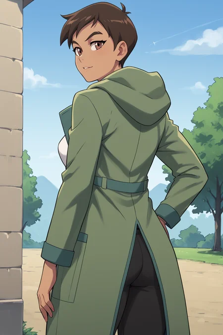 PonyXLV6_Scores BREAK ((parody, anime coloring), perfect anatomy, perfect eyes, cowboy shot), <lora:add_details_xl:0.8> BREAK <lora:Lois_Lane_-_MAWS:0.8> 1girl, dark-skinned female, tomboy, short hair, brown hair, brown eyes, flirting, raised eyebrow, ((looking back at viewer)), green coat, long coat, hood, white shirt, shirt, black pants, medium breasts, curvy, toned, athletic, teasing viewer, hand on hip, outdoors