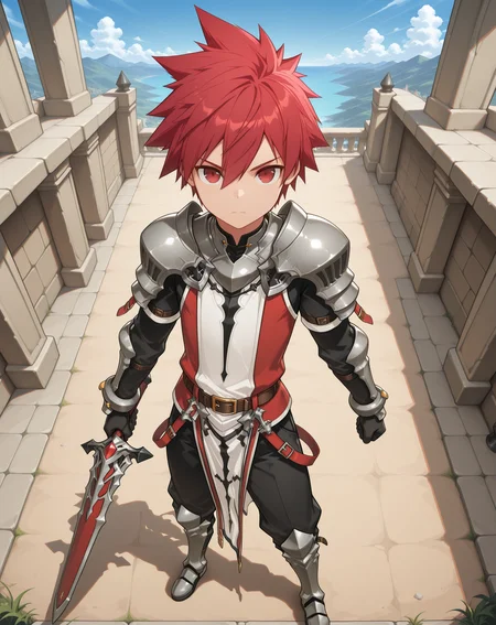 masterpiece, amazing quality, best quality, absurdres, very aesthetic,
1boy, solo, yaoi, male focus, full body, from above, standing, looking at viewer, face focus,
<lora:Elsword_Lord_Knight_ilxl:1> elswordlk, red hair, red eyes, spiked hair, adult,
shoulder armor, black gloves, black pants, pauldrons, surcoat, tabard, knee boots, belt, greaves, armored boots,
holding weapon, holding sword, left-handed,
outdoors, day, blue sky,