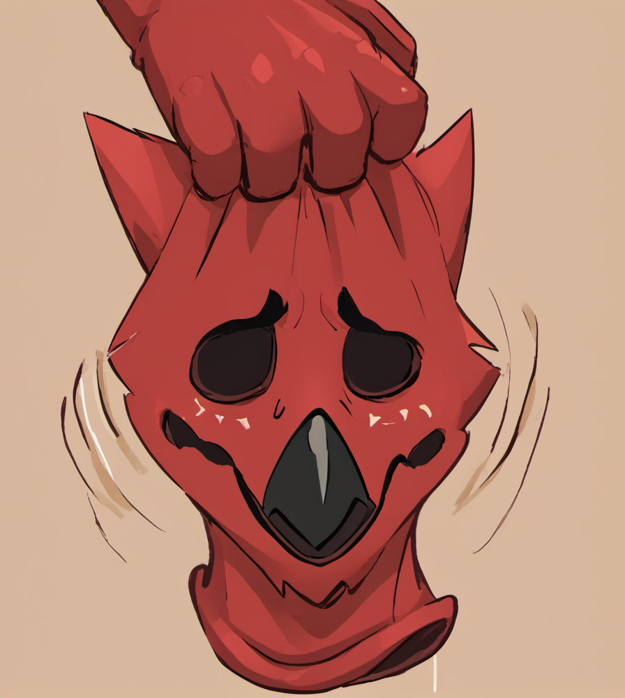 score_9, score_8_up, score_7_up, high res:1.5, digital media (artwork), lineless:1.5, motion lines, solo focus, platypus, avian, beak, webbed feet, dark red skin, orange eyes, muscular, anthro, embarrassed, male, front view, full body, <lora:Suiting_and_Masking:1> 5uitingm4sking, holding mask, mask
