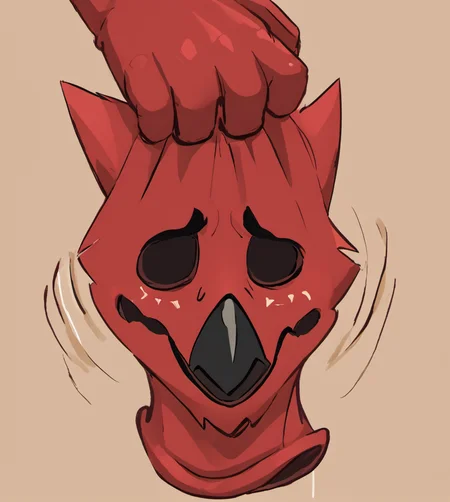 score_9, score_8_up, score_7_up, high res:1.5, digital media (artwork), lineless:1.5, motion lines, solo focus, platypus, avian, beak, webbed feet, dark red skin, orange eyes, muscular, anthro, embarrassed, male, front view, full body, <lora:Suiting_and_Masking:1> 5uitingm4sking, holding mask, mask