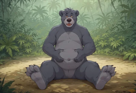safe_pos, zPDXL3, score_9, score_8_up, score_7_up, 1boy, (baloo:1.2, bear), two tone fur, dark grey and light grey fur, male, brown eyes, masterpiece, highly detailed macro illustration, intricate details, high resolution, sharp focus, best render quality, outdoors, jungle background, resting on ground, hands on belly, smile, looking at viewer, barefoot, feet, 4 toes, soles, foot fetish, <lora:Furry_Lora_Baloo_Jungle_Book:0.7>