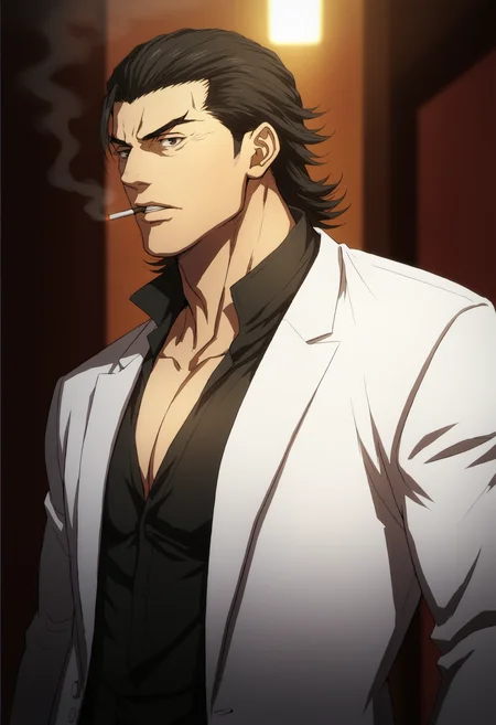1boy, longfangwang_tonkotsu, black hair, black eyes, white suit, black shirt, score_7_up, muscular, manly, big muscule, ((middle-age man)), score_6_up, score_8_up, score_9, looking at viewer, detailed eyes, 8k uhd, high quality, alley, night ,standing,front view, arm at side, open shirt, chest, smoking, side view