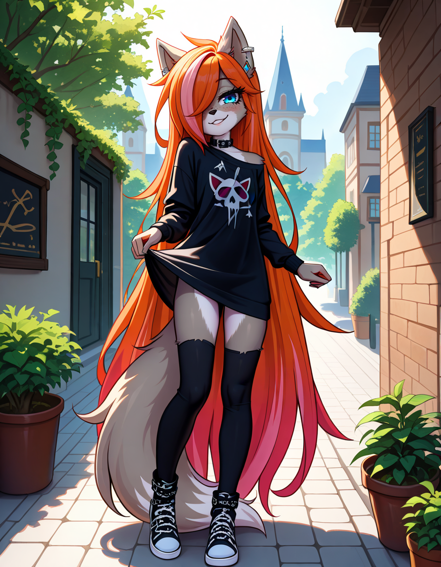 masterpiece, best quality, very aesthetic, absurdres,
outdoors,
full body, posing, 
goth fashion, 
seductive smile, parted lips, long eyelashes,
<lora:Kayla_Kitsune_v01_NAIXL:1>
K4yl4_K1tsun3,1girl,solo,furry,furry female,very long hair,multicolored hair,orange hair,pink hair,streaked hair,hair over one eye,wolf ears,earrings,blue eyes,freckles,snout,animal nose,body fur,two-tone fur,wolf tail