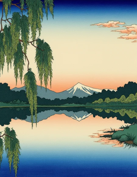 Ukiyo-e style by Hokusai, a serene lake with a mirror-like surface at dawn, surrounded by weeping willows