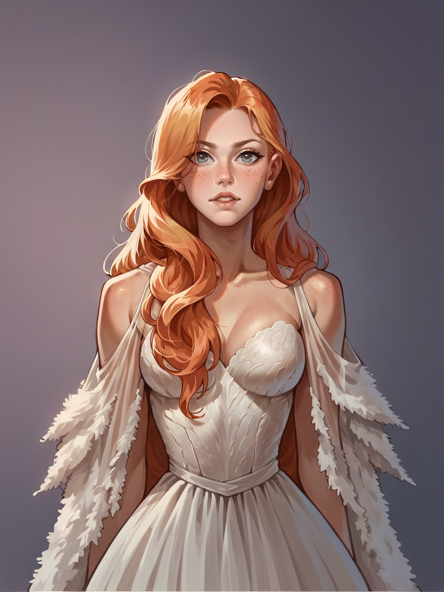 score_9, score_8_up, score_7_up, score_6_up, score_5_up, score_4_up, woman,  <lora:s4ltXLP2:0.6> s4lt, white gown, long hair, purple background, ginger hair,