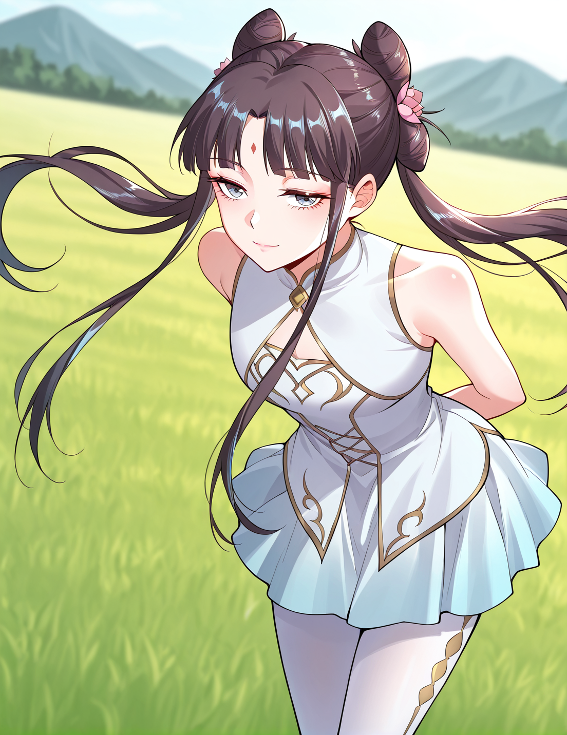<lora:Gu_Xianer:1>
1 girl, solo, long hair, black hair, twintails, long hair, hair bun, bangs, sidelocks, double bun, blue eyes
chinese dress, forehead mark, skirt, high heels, bare shoulders, white pantyhose, sleeveless, hair flower, hair ornament
score_9, score_8_up, score_7_up, very aesthetic, source_anime, detailed, high quality, beautiful, masterpiece, detailed eyes, field, blurry background, pose dynamic angle, upper body, cowboy shot, light smile, floating hair, half-closed eyes, hands behind back, leaning forward, looking forward, looking at viewer