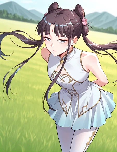 <lora:Gu_Xianer:1>
1 girl, solo, long hair, black hair, twintails, long hair, hair bun, bangs, sidelocks, double bun, blue eyes
chinese dress, forehead mark, skirt, high heels, bare shoulders, white pantyhose, sleeveless, hair flower, hair ornament
score_9, score_8_up, score_7_up, very aesthetic, source_anime, detailed, high quality, beautiful, masterpiece, detailed eyes, field, blurry background, pose dynamic angle, upper body, cowboy shot, light smile, floating hair, half-closed eyes, hands behind back, leaning forward, looking forward, looking at viewer