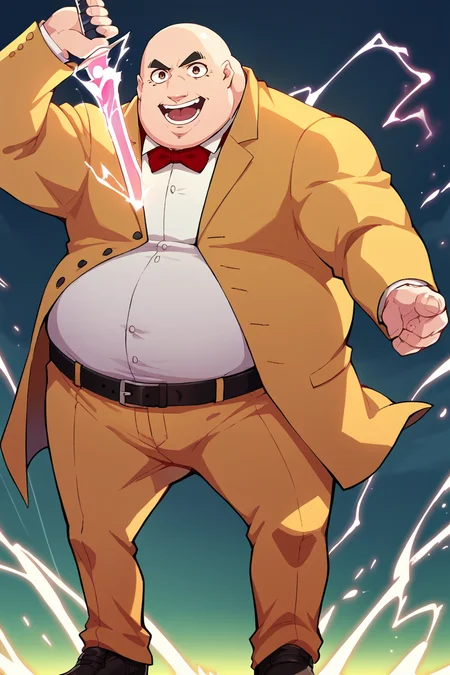 score_9, score_8_up, score_7_up, score_6_up, source_anime, BREAK male focus, solo <lora:p5kobayakawa-pdxl-nvwls-v1-000005:1> p5principal, fat man, obese, bald, yellow jacket, formal, white shirt, red bow tie, belt, yellow pants, happy, open mouth <lora:BoobaSword:1.2> human scabbard, holding, holding weapon, holding sword, electricity, cleavage