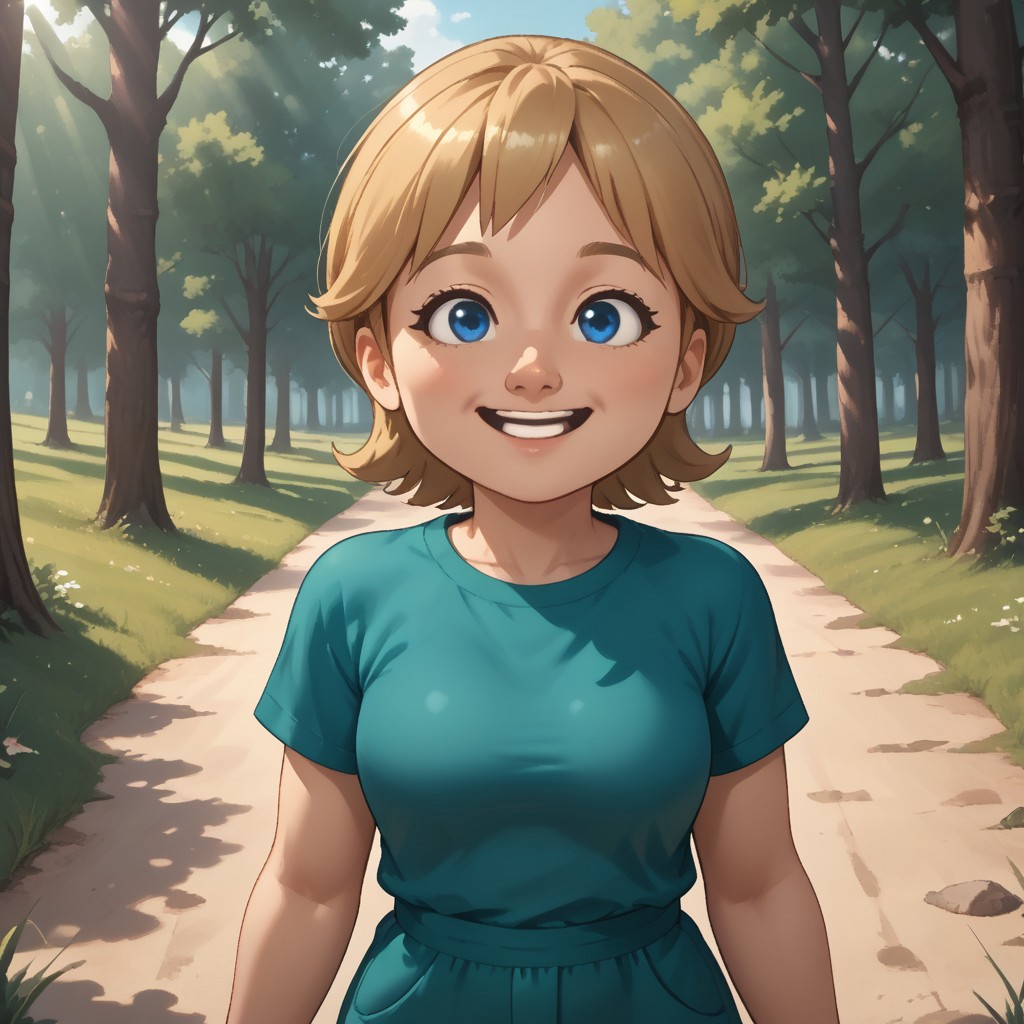 score_9, score_8, BREAK, solo, mii, wii, wii sports resort, 1girl, female mii, cute, blonde hair, black blue eyes, rare eyes, tree shaped nose, open mouth, buck tooth, double chin, chubby, chubby female, dark green clothing, white pants, shoes, Megan_(\Wii_Sports_Resort\), Nintendo Mii, modern_mii, classic_mii, big breasts, sexy pose, self portrait, smile, outdoors, sunlight, shadows, evening lighting, natural lighting, forest, trees, grass, orange sky, sunset