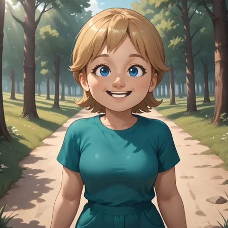 score_9, score_8, BREAK, solo, mii, wii, wii sports resort, 1girl, female mii, cute, blonde hair, black blue eyes, rare eyes, tree shaped nose, open mouth, buck tooth, double chin, chubby, chubby female, dark green clothing, white pants, shoes, Megan_(\Wii_Sports_Resort\), Nintendo Mii, modern_mii, classic_mii, big breasts, sexy pose, self portrait, smile, outdoors, sunlight, shadows, evening lighting, natural lighting, forest, trees, grass, orange sky, sunset