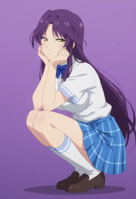 anime screencap, anime coloring,   <lora:DX888Kyou:1> goshouin kyou, yellow eyes, purple hair, very long hair, parted bangs BREAK  school uniform, white shirt, blue bowtie, plaid skirt, blue skirt BREAK simple background, purple background,  rainbow background, BREAK 1girl, full body, hand on own face, looking at viewer, solo, squatting,