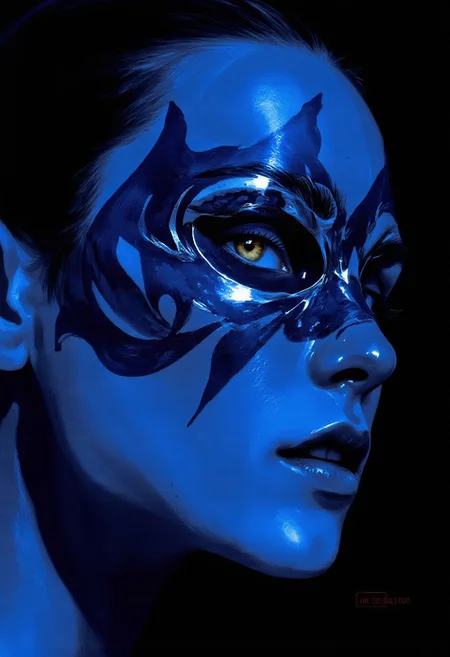 (highly detailed dramatic digital illustration) An extreme close-up of an androgynous face dominates the frame, bathed in intense electric blue light against a pitch-black background. Their smooth, porcelain-white skin contrasts sharply with the deep, inky shadows sculpting their angular features. A high-gloss cobalt mask-like design wraps around their eyes and extends toward their temples, shimmering like liquid metal. Their irises glow in a striking gold hue, radiating an otherworldly intensity. Their lips, painted in a metallic violet sheen, are slightly parted, revealing a subtle glint of silver at the edges. Thin, sharp platinum eyebrows add a sleek, futuristic edge, accentuating their hypnotic gaze.
The lighting is dramatic, with deep cyan highlights tracing the contours of their sharp cheekbones and jawline, while the interplay of neon blue and black creates a high-contrast, almost surreal effect. Swirling, iridescent patterns resembling liquid metal ripple across their cheeks, shifting in shades of deep indigo and ultraviolet. The hyper-detailed rendering of skin texture, reflective surfaces, and bold color contrasts heightens the futuristic, avant-garde aesthetic, making the face feel both mesmerizing and enigmatic, as if existing beyond time.