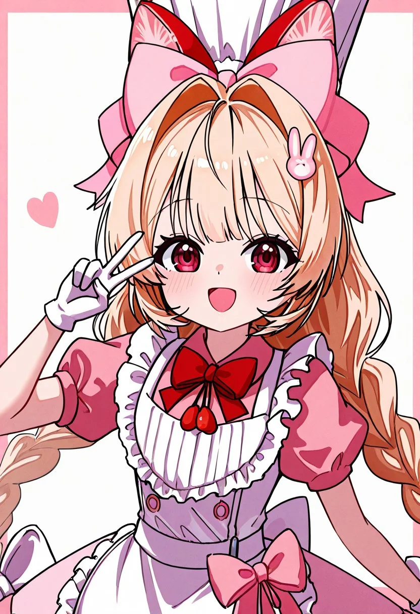 score_9, score_8_up, score_7_up, possmach, 1girl, solo, portrait, cute, adorable, crust (nikke), blonde hair, twin braids, long hair, hair bow, hair ornament, chef hat, pink dress, white apron, white gloves, bow, ribbon, red eyes, petite, flat chest, narrow waist, looking at viewer, happy, smile, excitied, standing, close up, face focus, peace sign,