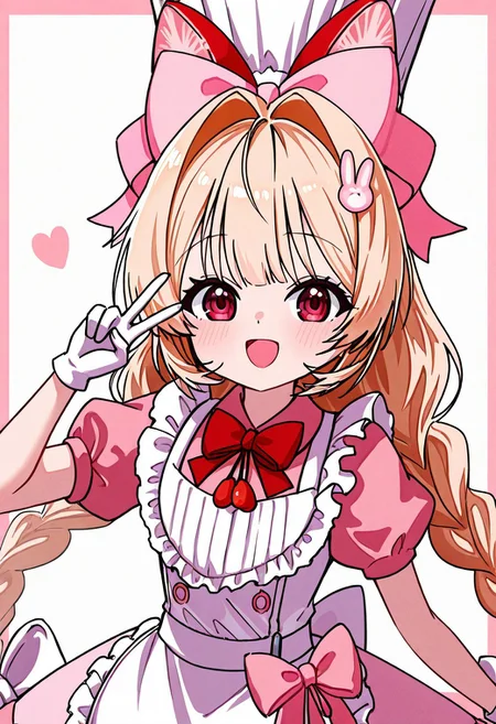 score_9, score_8_up, score_7_up, possmach, 1girl, solo, portrait, cute, adorable, crust (nikke), blonde hair, twin braids, long hair, hair bow, hair ornament, chef hat, pink dress, white apron, white gloves, bow, ribbon, red eyes, petite, flat chest, narrow waist, looking at viewer, happy, smile, excitied, standing, close up, face focus, peace sign,