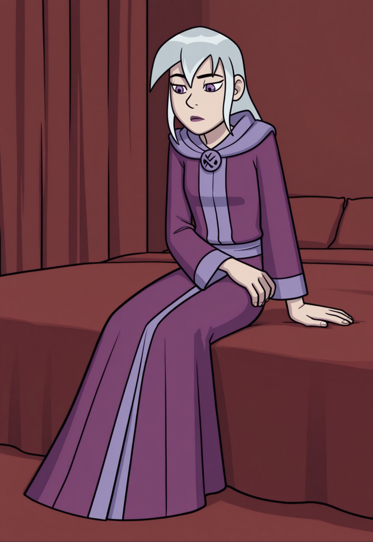 SulSum Style, Silver Hair, Solo, Long Purple Robe, large red bed, 