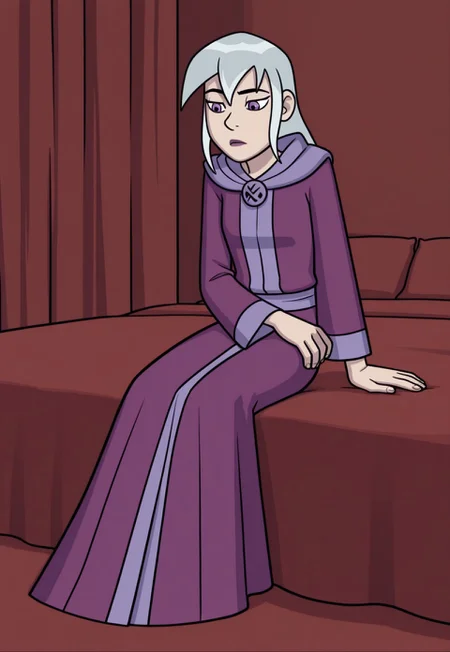 SulSum Style, Silver Hair, Solo, Long Purple Robe, large red bed,