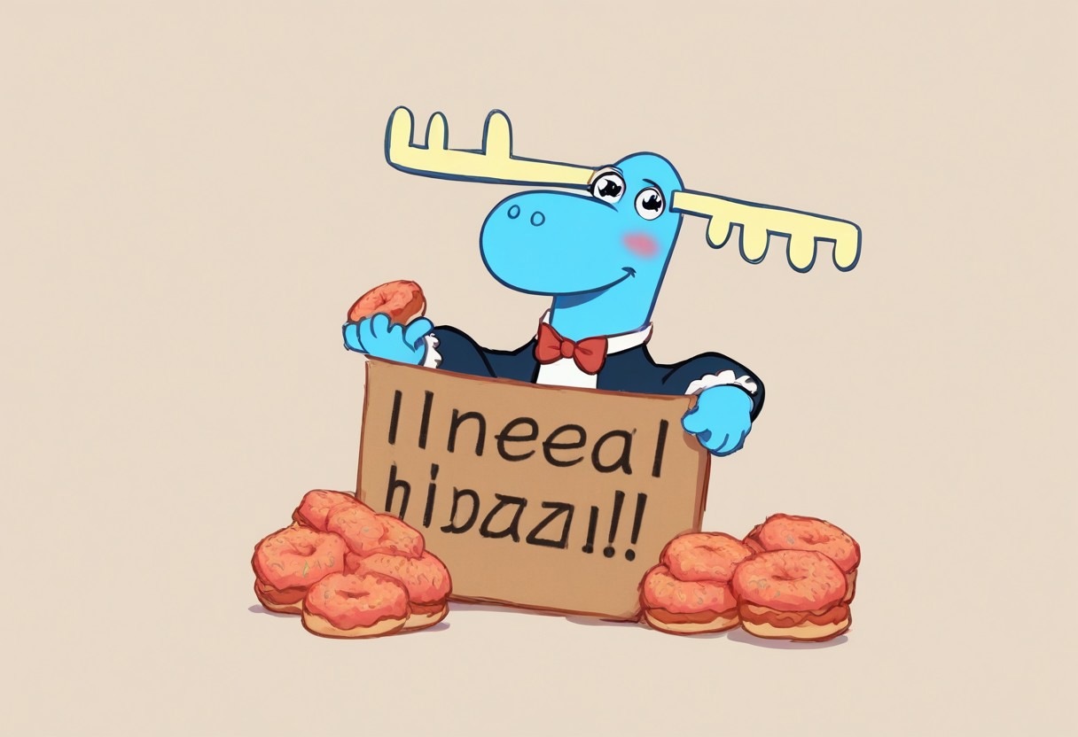 score_9, score_8_up, score_7_up, score_6_up,  (score_9, score_8, score_7), masterwork, masterpiece, best quality,
Lumpy, tall, blue skin, uneven antlers, big nose moose, circular eyes, in a cute maid outfit, blushing, holding a plate of donuts in his left hand, holding a sign on his right hand which says, "buzz me” written on it, The sign is handwritten in clear black marker, generous happy
