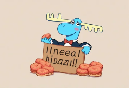 score_9, score_8_up, score_7_up, score_6_up,  (score_9, score_8, score_7), masterwork, masterpiece, best quality,
Lumpy, tall, blue skin, uneven antlers, big nose moose, circular eyes, in a cute maid outfit, blushing, holding a plate of donuts in his left hand, holding a sign on his right hand which says, "buzz me” written on it, The sign is handwritten in clear black marker, generous happy