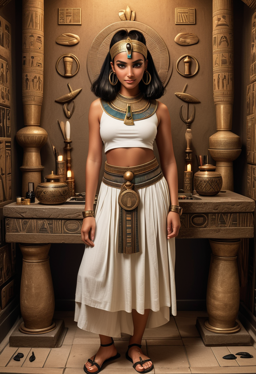 (medium full shot) of (vivacious queen from ancient egypt) young woman, Medium build, black hairbun hair, brown eyes, tan skin, egyptian makeup, wearing lotus flower headband with falcon feather, Linen crop top with woven straps, pleated silk skirt with pleats,  sandals with woven reed straps, embroidered belt with scarab buckle jeweled collar necklace golden armlet with ankh symbol, adorned with the scarab beetle,  set in the ancient egypt era, in  Grooming Area, Elegant space with polished ebony mirrors reflecting flickering candlelight, intricately carved wooden stools arranged neatly around a central basin, jars of fragrant oils and cosmetics neatly arranged on shelves, servants standing by with combs and brushes  , woman smiling, detailed face, ,Masterpiece,best quality, raw photo, realistic, very aesthetic