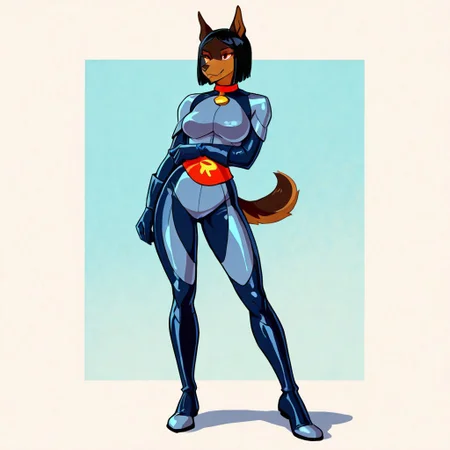 0ph313ia,1girl,solo,furry,furry female,dog girl,pointy ears,black hair,short hair,straight hair,red eyes,snout,animal nose,body fur,dog tail, RoadRovers Suit, full body