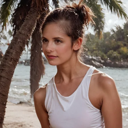 score_9, score_8_up, score_7_up, source_photo, source_anime , photo, realistic <lora:Buffy01:1> buffy01 detailed face, detailed eyes, tank top ,leaning against palm tree , (tied back hair ) ,, photo, realistic,
