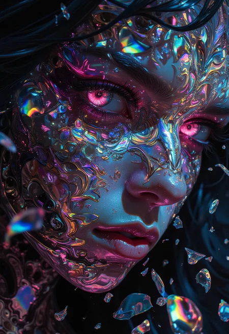dark-surrealism, intense-closeup-face, shattered-rainbow-glass-surrounding, piercing-iridescent-eyes, expression-of-defiance-and-dread, intricate-skin-texture-with-spectral-glow, vibrant-reflected-light-colors, dynamic-fractured-composition, glowing-glass-fragments-floating, bold-contrast-between-light-and-shadow, enigmatic-face-half-shrouded-in-darkness, surreal-cinematic-focus, soft-glow-highlighting-sharp-features, chaotic-rainbow-splinters-dispersing, eerie-yet-vivid-aesthetic, vibrant-and-unpredictable-color-palette, hyper-realistic-details