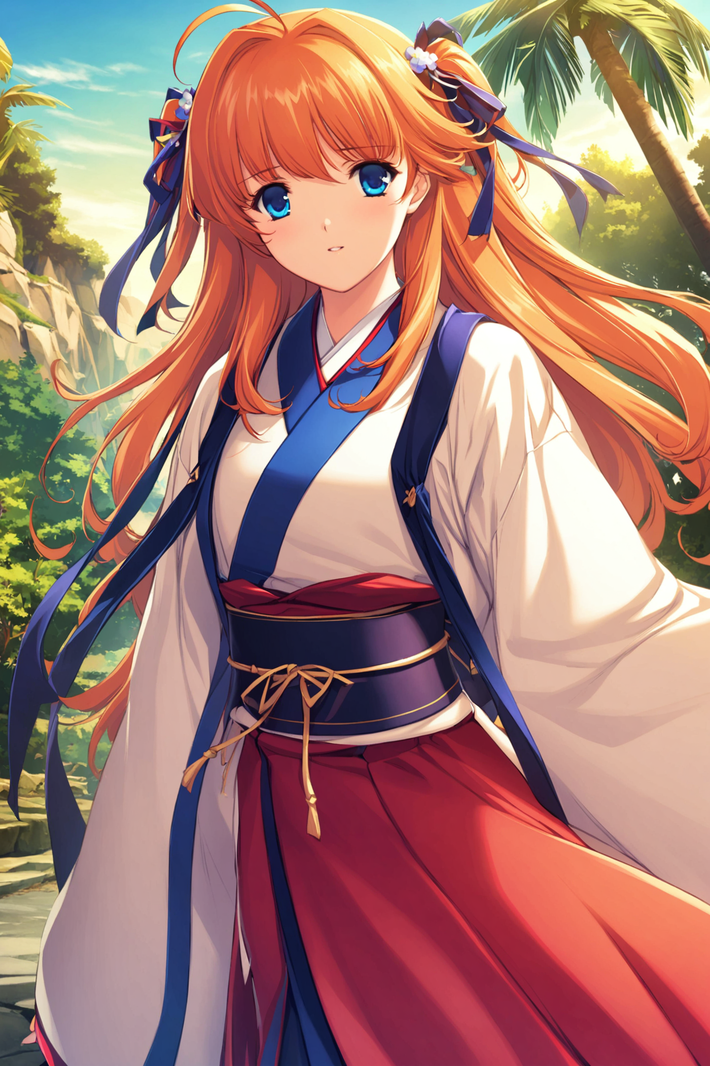 1girl, solo, blue eyes, orange hair, long hair, ahoge, day, tree, ribbon, hair ribbon, sky, hair ornament, palm tree, japanese clothes, outdoors,Game CG,<lora:MIN-NARAKEN_XL:0.8>,