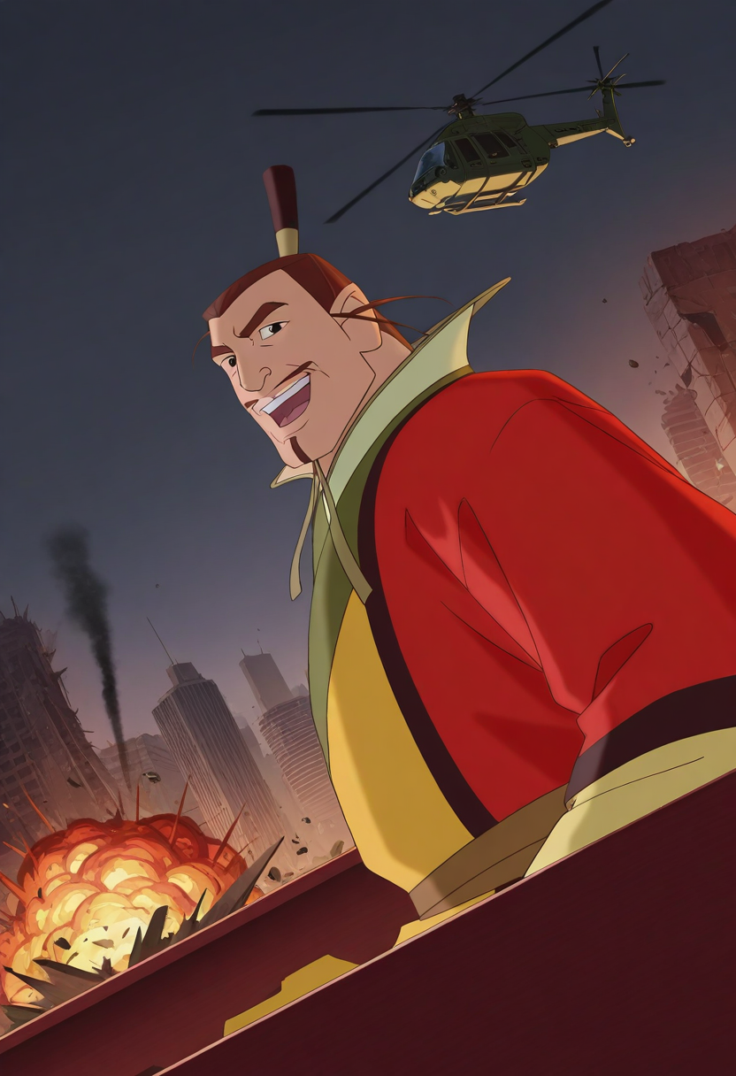 1boy, sitting, laughing, smile, happy, upper body, looking at viewer, open mouth, laughing, from side, dutch angle,
BREAK
zhouwang, mature male, thick eyebrows, short hair, brown hair, black eyes, mustache, soul patch,
headgear, chin strap, chinese clothes, yellow robe, red overcoat, brown belt, layered clothes, high collar,
BREAK
fire, burning, darkness, piano, theater, explosion, backlighting, skyscraper, city, cityscape, attack helicopter, smoke, ruins, debris,
BREAK
best quality, masterpiece, very aesthetic, absurdres, highest detailed, very awa, dark background, 
<lora:DILFs_and_Creatures_from_The_Legend_Of_Nezha_v0.1:1>