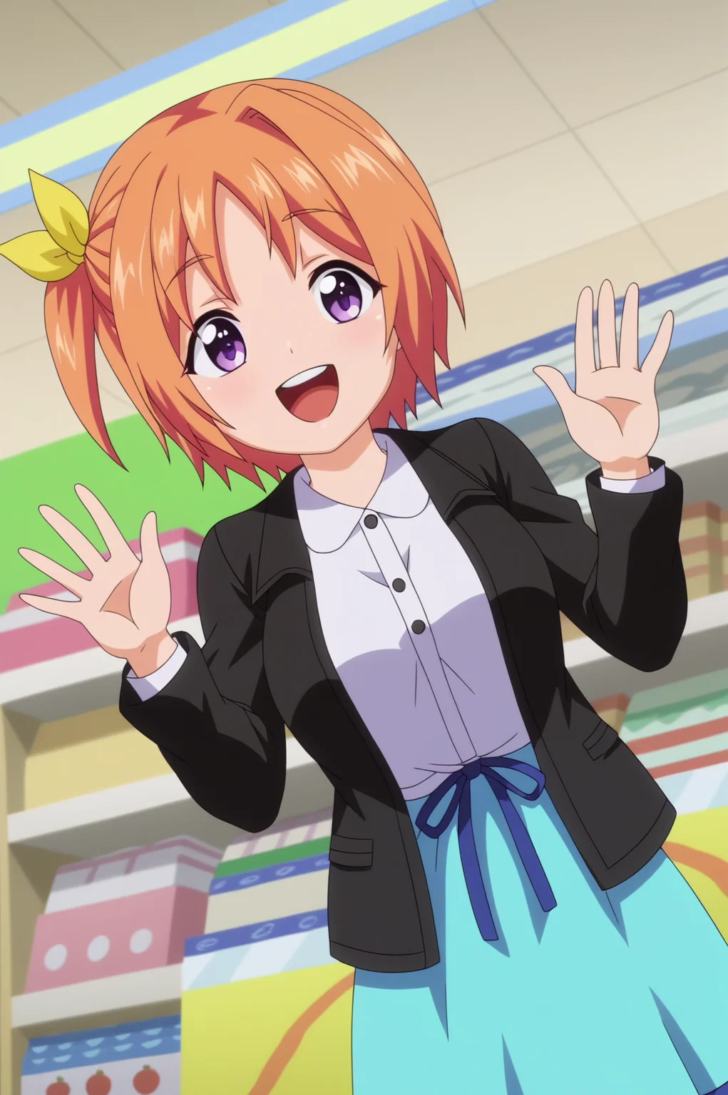 kururu hiiragi,anime screencap,1girl,solo,short hair,side ponytail,black blazer,blue skirt, white shirt,yellow hair bow,game store,indoors,consistent background, waving,smiling, upper teeth only,dutch angle <lora:Kururu_Hiiragi - PDXL2.safetensors:0.8>