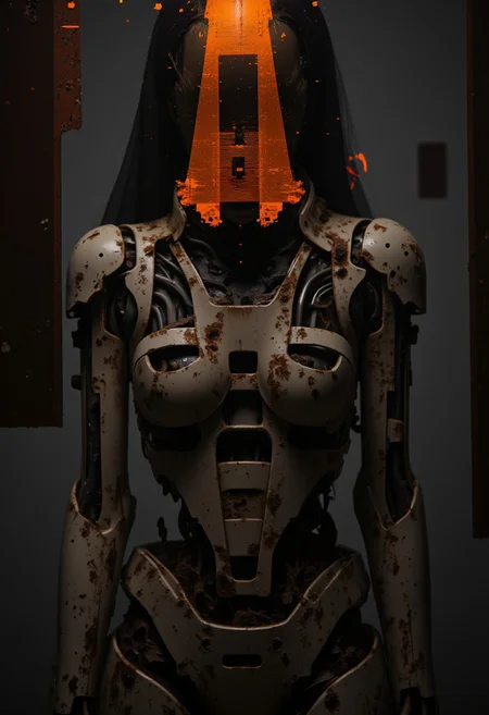 ajweathbo. A bleaked atmospheric Photo with neon orange glitches, a White robot Portrait of a exoskeleton girl. neon-mist, futuristic cyborg body with exposed wires, cables and mechanical parts,