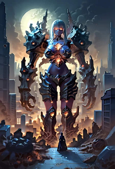 score_9,score_8_up,score_7_up,1girl,solo,source_anime,foreshortening,long hair BREAK <lora:Obsidianify:0.7>,obsidian,<lora:Golems:0.6>,gol3em,glowing,Magma Golem,monster_girl,covered_eyes,steam,steaming_body,megastructure,sharp,spiked_armor,<lora:BKSTL:0.8>,BKSTL,Colossal Titan towering over a city,destructive,ominous,colossal size,steam rising,terrified crowds,crumbling buildings,chaos,apocalyptic,epic battle,intense,dramatic lighting,by Hiroshi Tanaka,digital art,dynamic composition,vibrant colors,trending on ArtStation,high contrast,dark shadows,