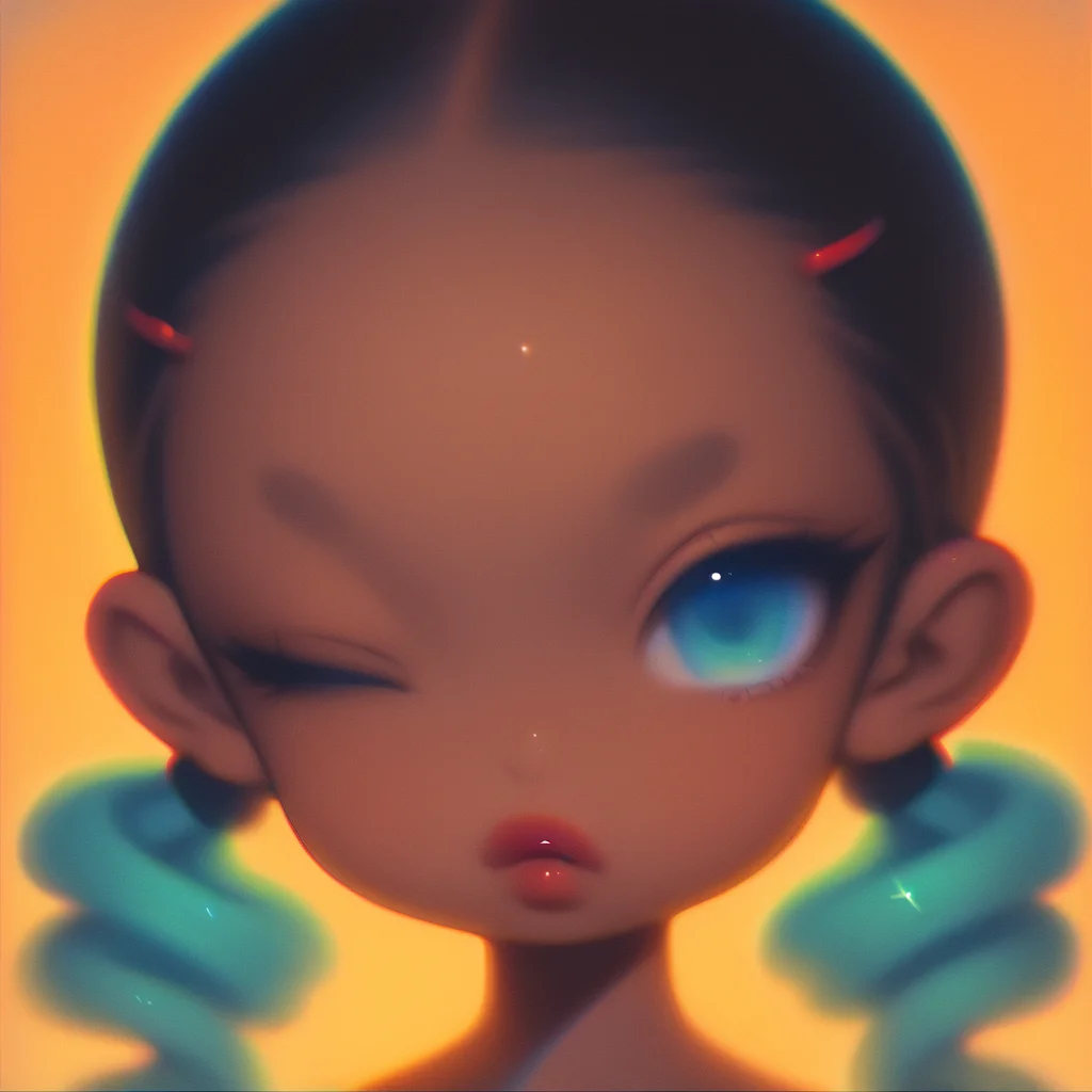 1 girl, close-up, dark brown skin, turquoise eyes, abstract, super deformed, wide forehead, orange background, beaming, sun, twin tails, lemon barrette, faded background, red gloss, wavy hair, candy swirl, one eye shut, color distortion, emotional <lora:PetraStyle:1> portrait, blurry, chibi, big forehead, chromatic aberration