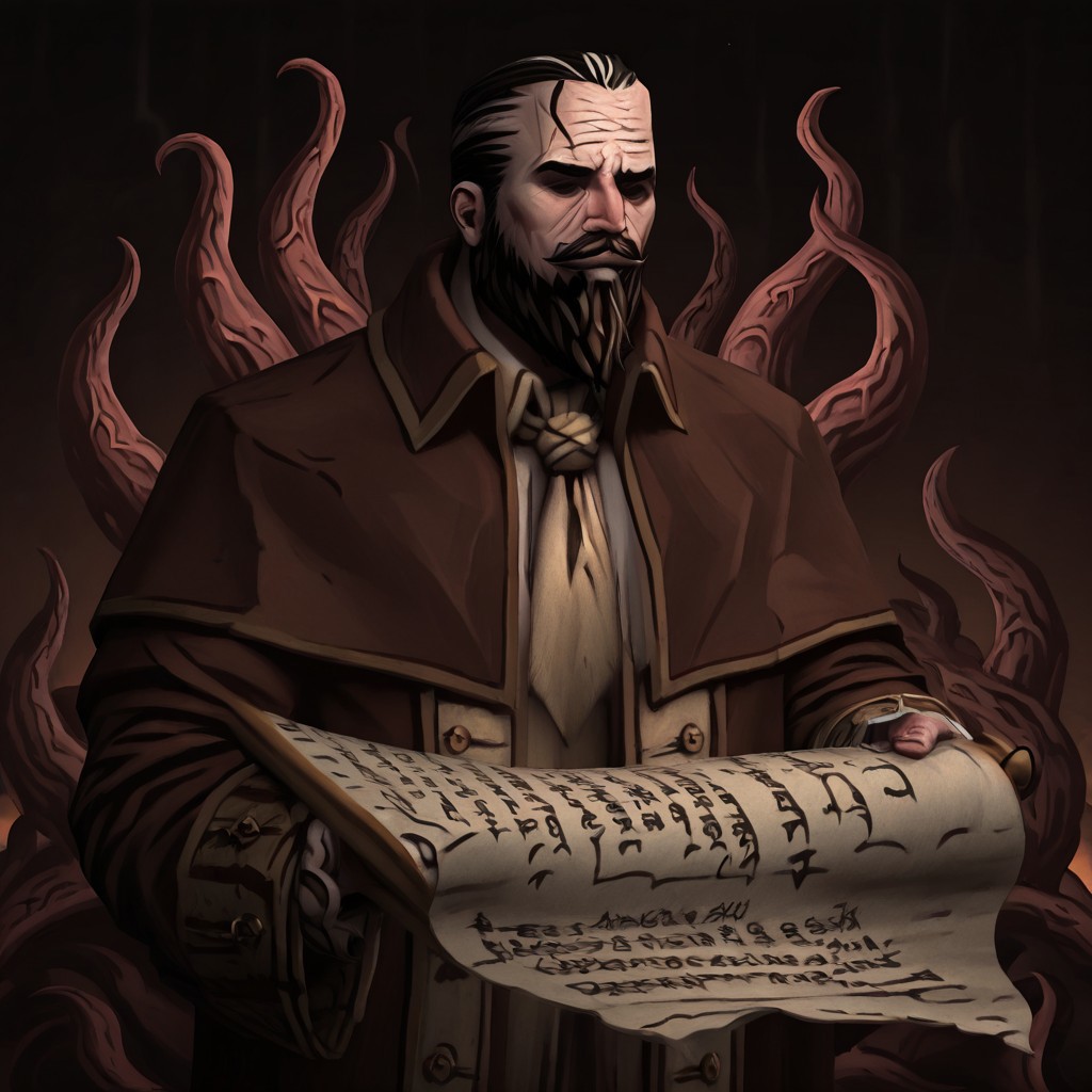 masterpiece, best quality, newest, absurdres, highres, DD2Style-IL.V1.0, black eyes, shaded eyes, 
A-LMWRE-V1.1, 1boy, old man, robe, buttoms, beard, mustache, facial hair, multicolored hair, coat, two-tone hair, long sleeves, brown robe, black hair,
scroll, holding scroll, tentacles, eldrich, eldrich horror,