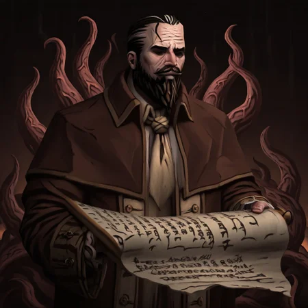 masterpiece, best quality, newest, absurdres, highres, DD2Style-IL.V1.0, black eyes, shaded eyes,
A-LMWRE-V1.1, 1boy, old man, robe, buttoms, beard, mustache, facial hair, multicolored hair, coat, two-tone hair, long sleeves, brown robe, black hair,
scroll, holding scroll, tentacles, eldrich, eldrich horror,