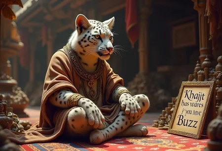 breathtaking photography, masterpiece of art, highest quality, 32k, intricate details, realistic fur texture, imagine a bustling mediaval market with an arab atmosphere where a rough but goodhearted and refined but battle-hardened cat male human furry anthro hybrid with a snow leopard fur pattern in expensive gold-rimmed and finely patterned tunic clothing and jewelry is sitting on a masterwork patterned arabian carpet between piles and piles of fine antique artifacts and neatly arranged trinkets that he is selling. He is looking at the viewer and waving them to come closer. There is a sign propped up in the foreground that has "Khajit has wares if you have Buzz" in a gothic typeface written on it.