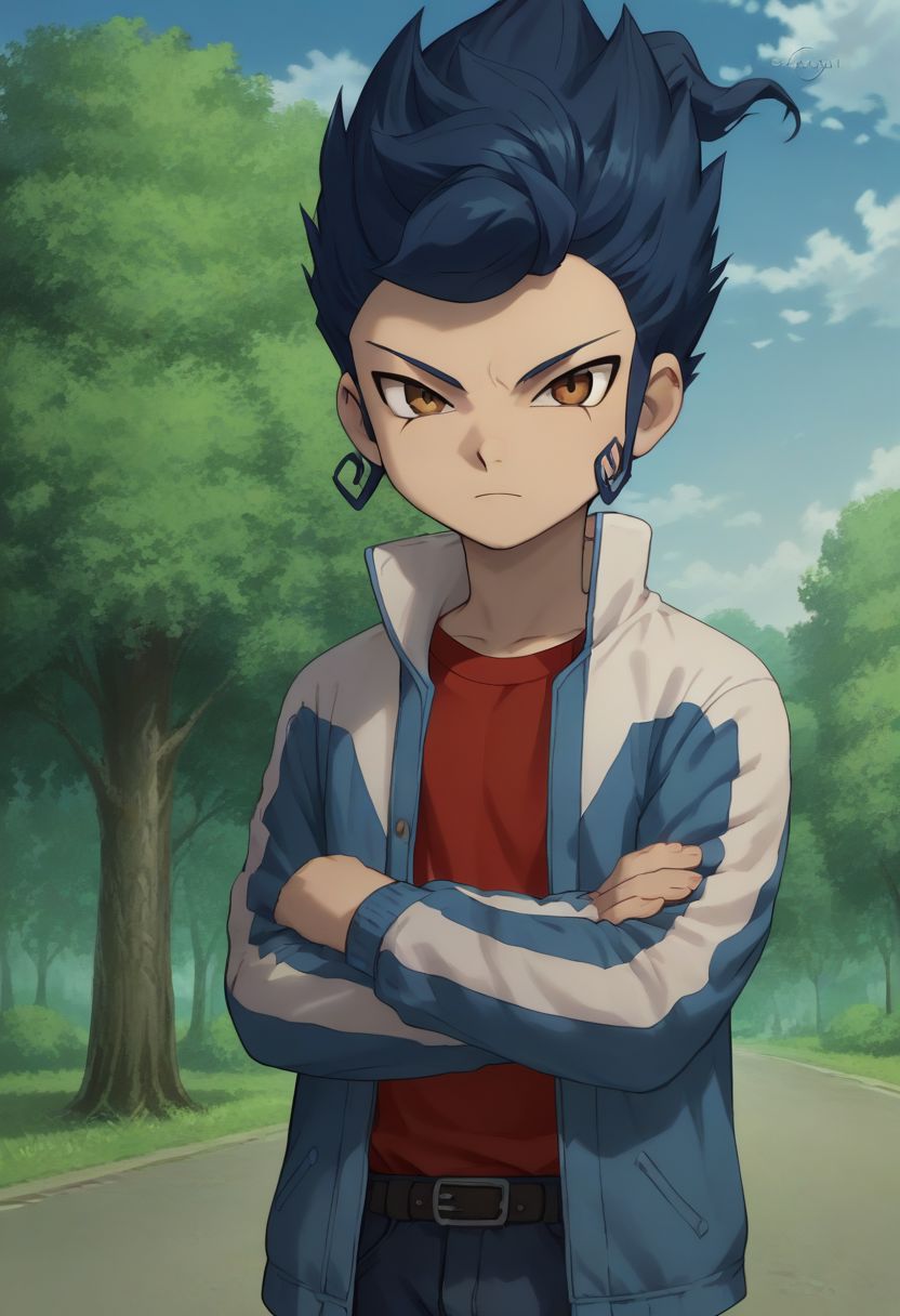 score_9, score_8_up, score_7_up, source_anime, highly detailed, 1boy, solo, male_focus, 
victor_ina, 1boy, blue hair, male focus, jacket, crossed arms, open jacket, open clothes, brown eyes, 
outdoor, street, trees, sky,