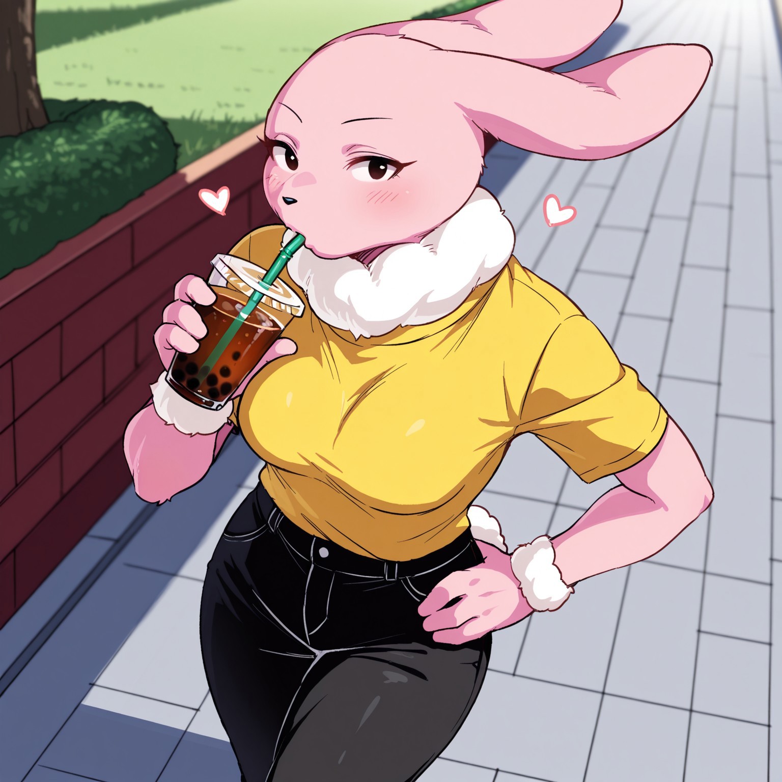 8k, masterpiece, best quality, highly detailed, realistic, 1girl, solo, Mochiduki, furry, anthro, bunny, lagomorph, black eyebrows, black nose, thin eyebrows, black eyes, pink skin, white neck tuft, white wrist tuft, white bunny tail, medium breasts, casual clothing, yellow shirt, black pants, mature female, holding drink, (drinking, drinking straw, sucking on straw), looking at viewer, standing, sidewalk, sunny, grass, boba tea, front view, detailed background, ((4 fingers)), ((hearts, floating hearts)), hand on hip, green boba