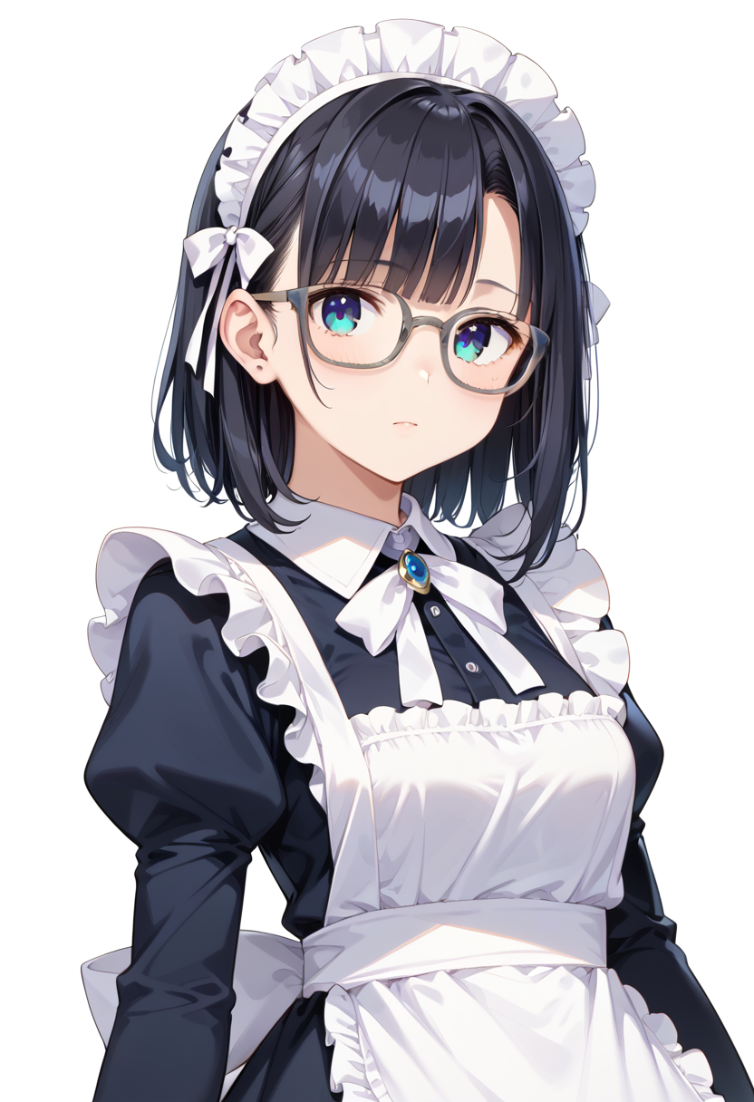score_9, score_8_up, score_7_up, rating_safe, masterpiece, best quality, absurdres, unity 8k wallpaper, official art, official style, source_anime, uncensored, game cg, megami magazine,
1girl, solo, black hair, medium hair, upper body, covered eyes,maid, maid headdress, black dress, maid apron, face focus,
Wellington22A, glasses, white background, simple background, grey-framed eyewear
 <lora:glasses_Wellington22A1_PONY_V1:1>