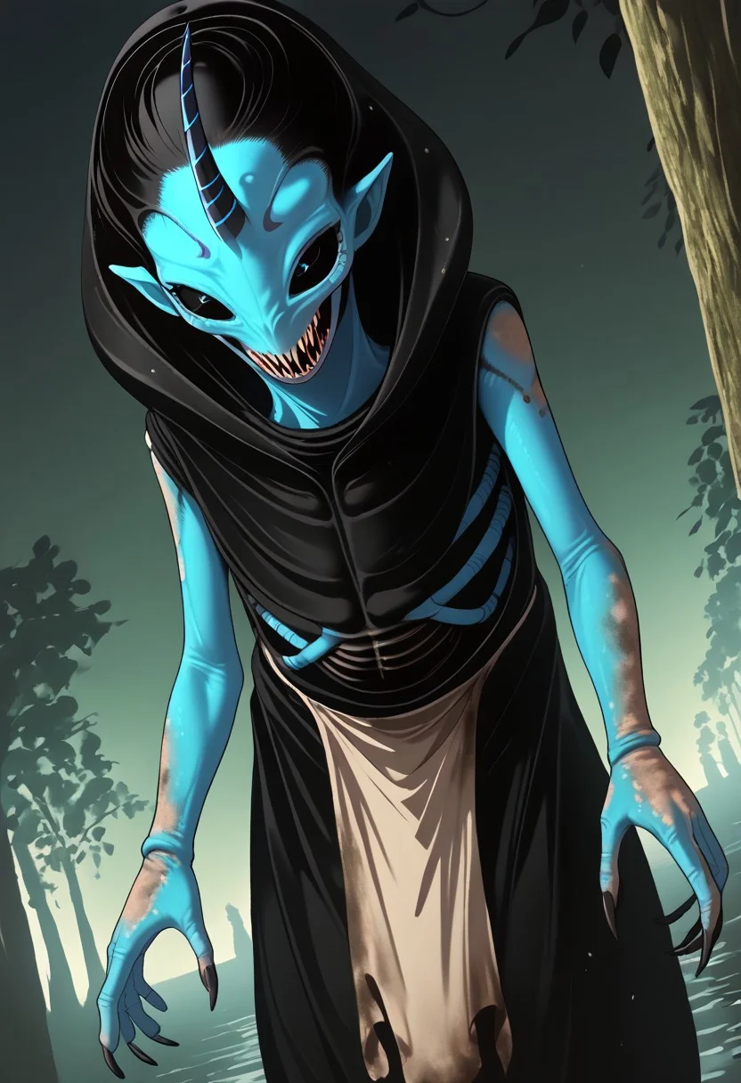 ((Alien humanoid)),
((Alien species)), solo, androgynous, aquatic features
blue skin, ((webbed hands)):1.3,
((No nose)):1.3, ((nostrils only, nostril slits, vertical nasal slits, narrow nostrils)):1.5, ((narrow eyes)), ((black sclera, black irises)), smooth skin, pointy ears, small ears, tiny ears, holes in skin, forehead horn, short horn, veiny horn, ((single horn)):1.0, ((4 fingers)), fingernails, thin lips, ((black hair)), ((short hair, spiky hair)), sharp teeth, digitigrade legs, bent legs,
Distant shot
ragged clothes, muddy clothes, loincloth, tunic, dirty
Medieval style, fantasy style,
((Variety)):1.2
((dutch angle, 3/4 view))
river background
fully clothed, loose clothing, clean lines, smooth colors, detailed fingers, sfw, source: realistic, rating: pg, score: 8 up, score: 9
